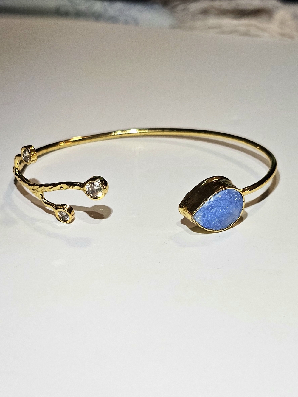 24k Gold-Plated Blue Druzy Open Cuff Bracelet CZ Branch Design